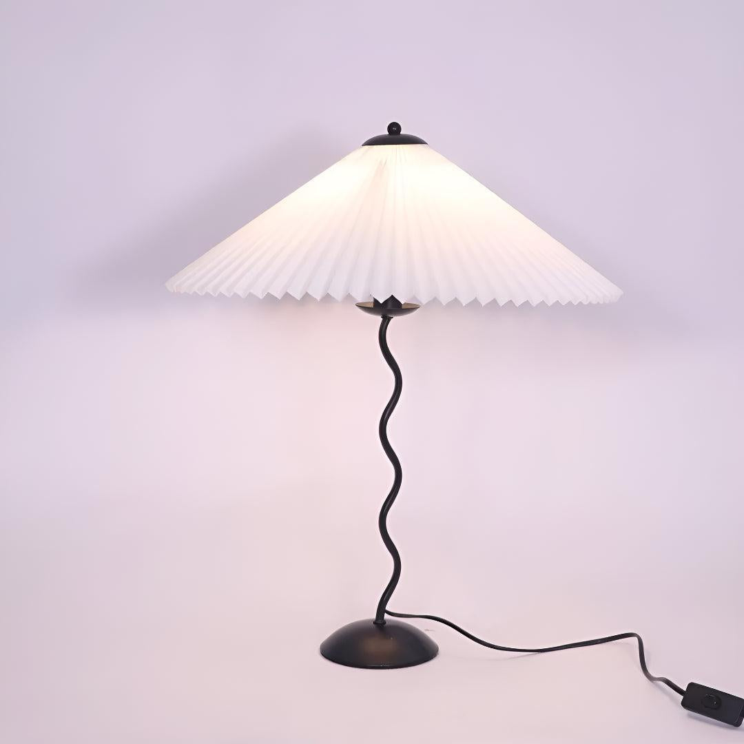 Bedside Table Lamp With Pleated Shade And Squiggled Curved Stem