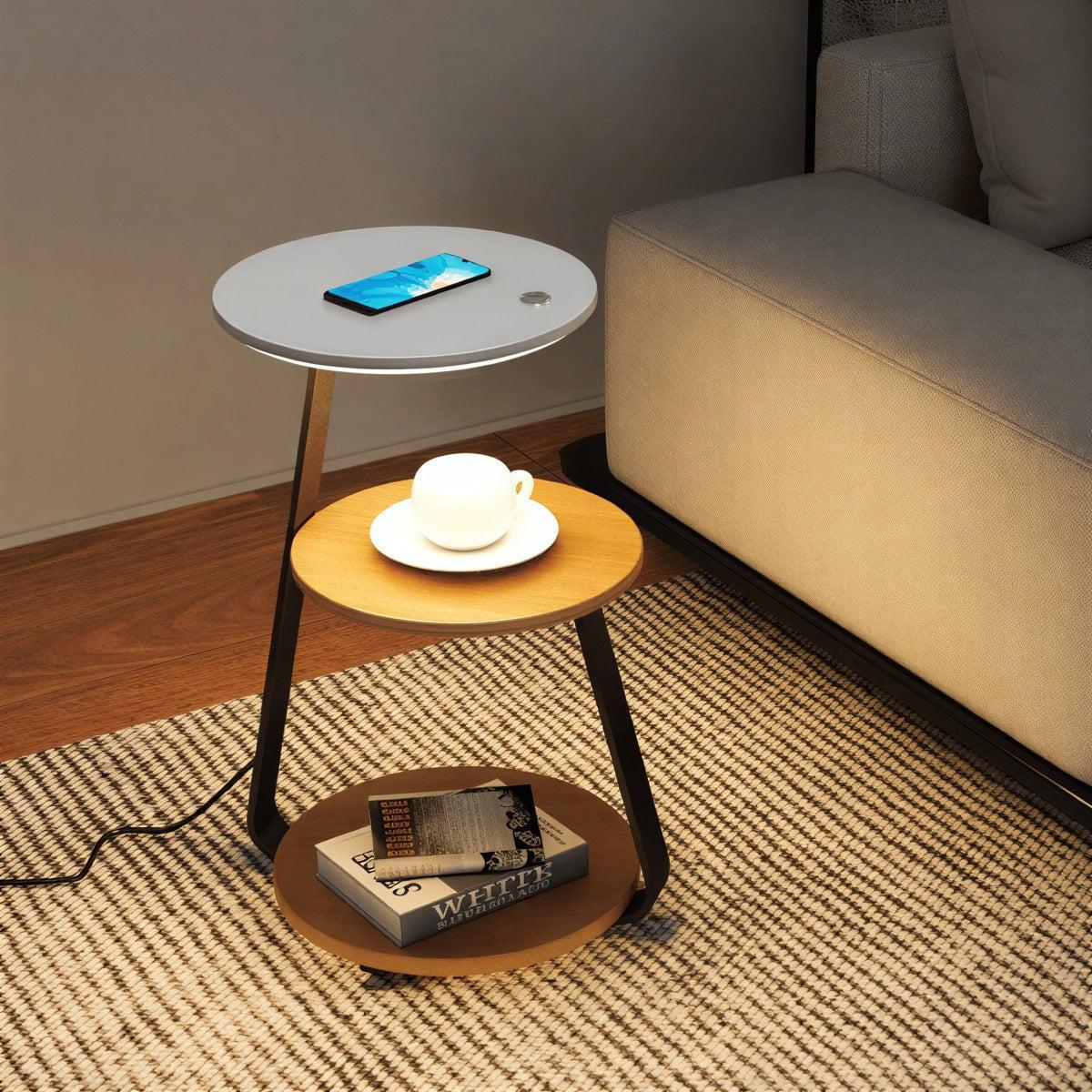 Bedside Table Nightstand With Integrated Lamp And Double Tiered Storage