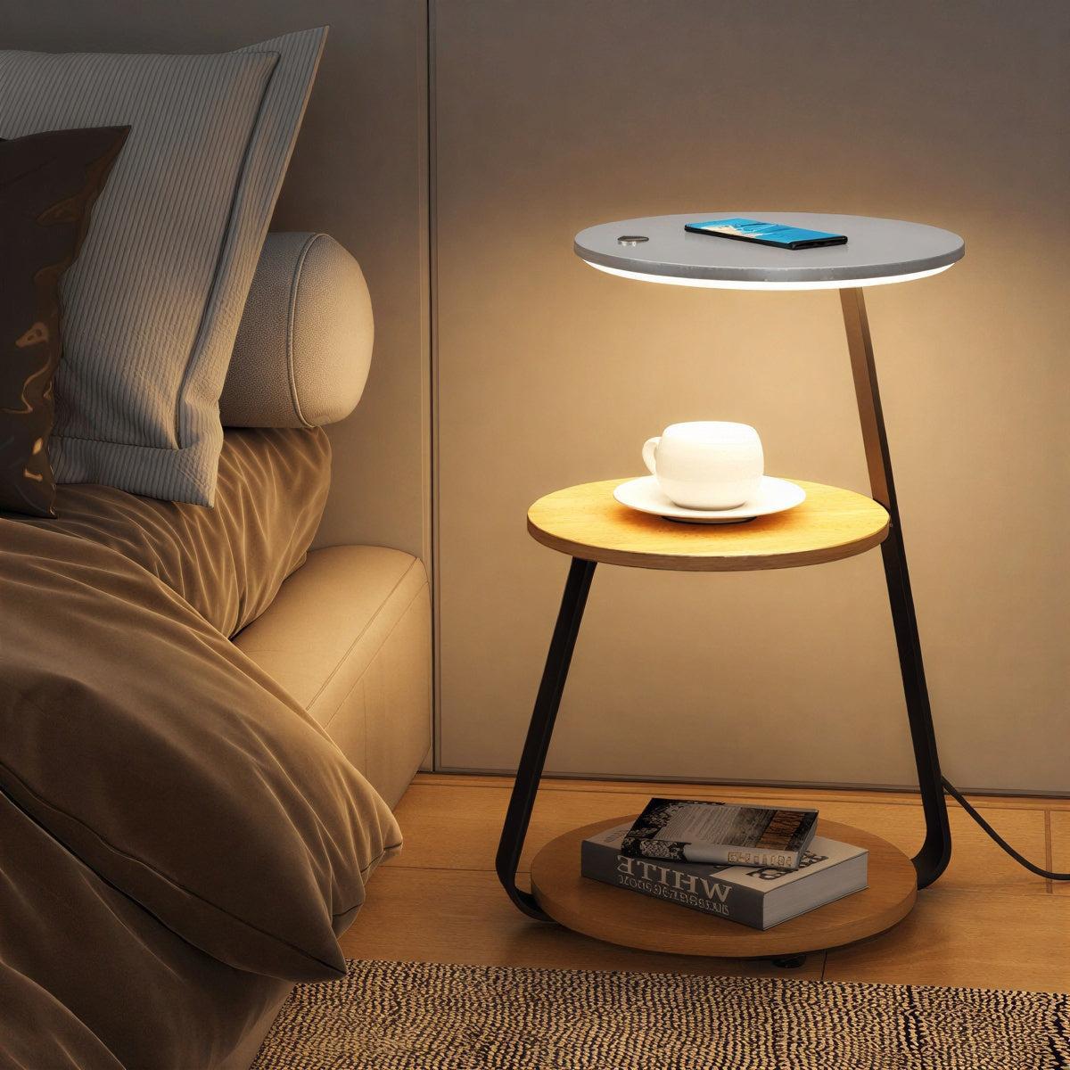 Bedside Table Nightstand With Integrated Lamp And Double Tiered Storage