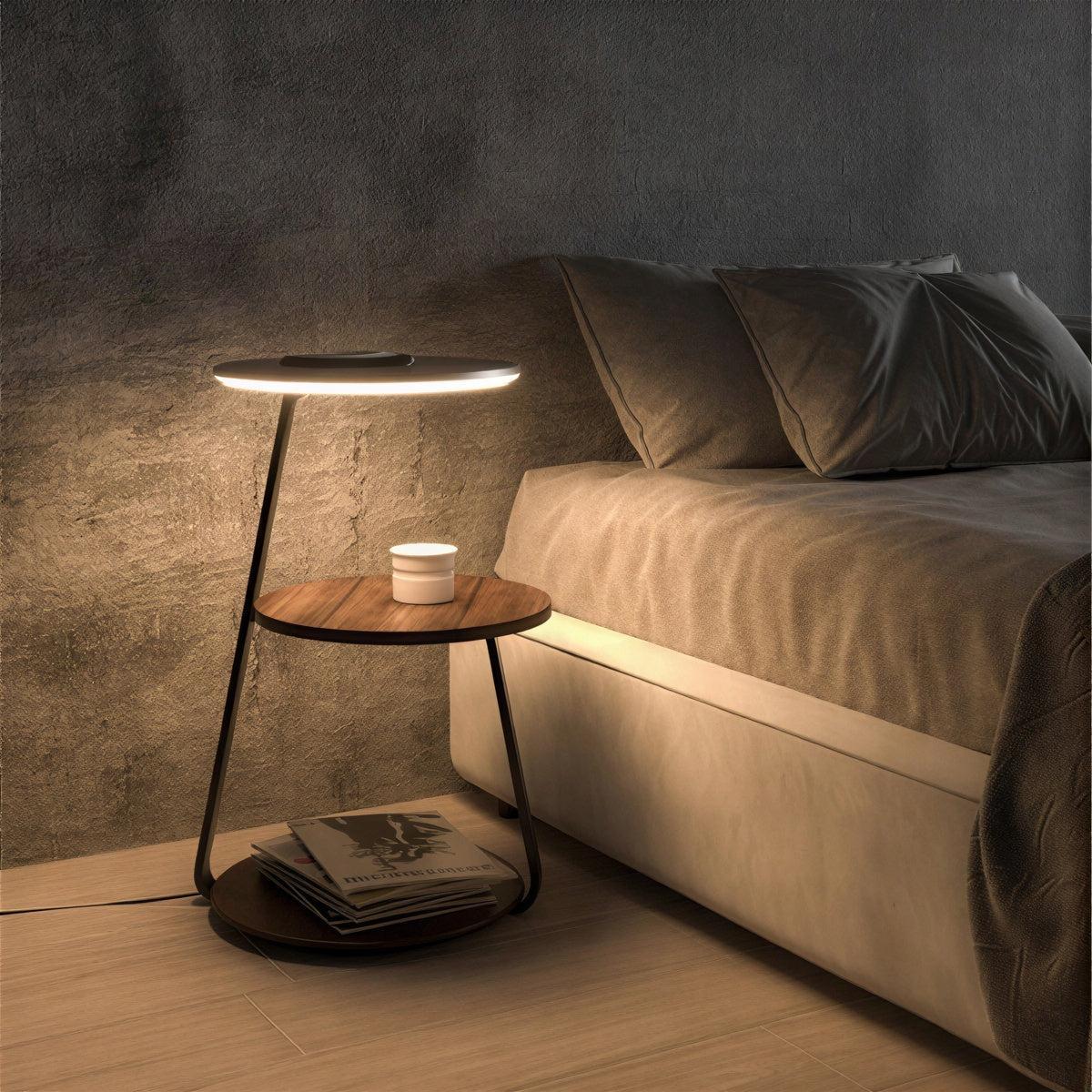 Bedside Table Nightstand With Integrated Lamp And Double Tiered Storage