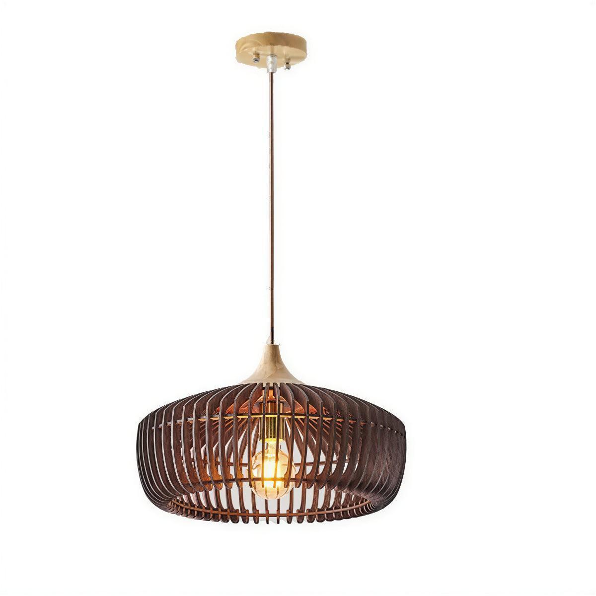 Contemporary Scandinavian Hanging Pendant Lighting Fixture With Wooden Cage