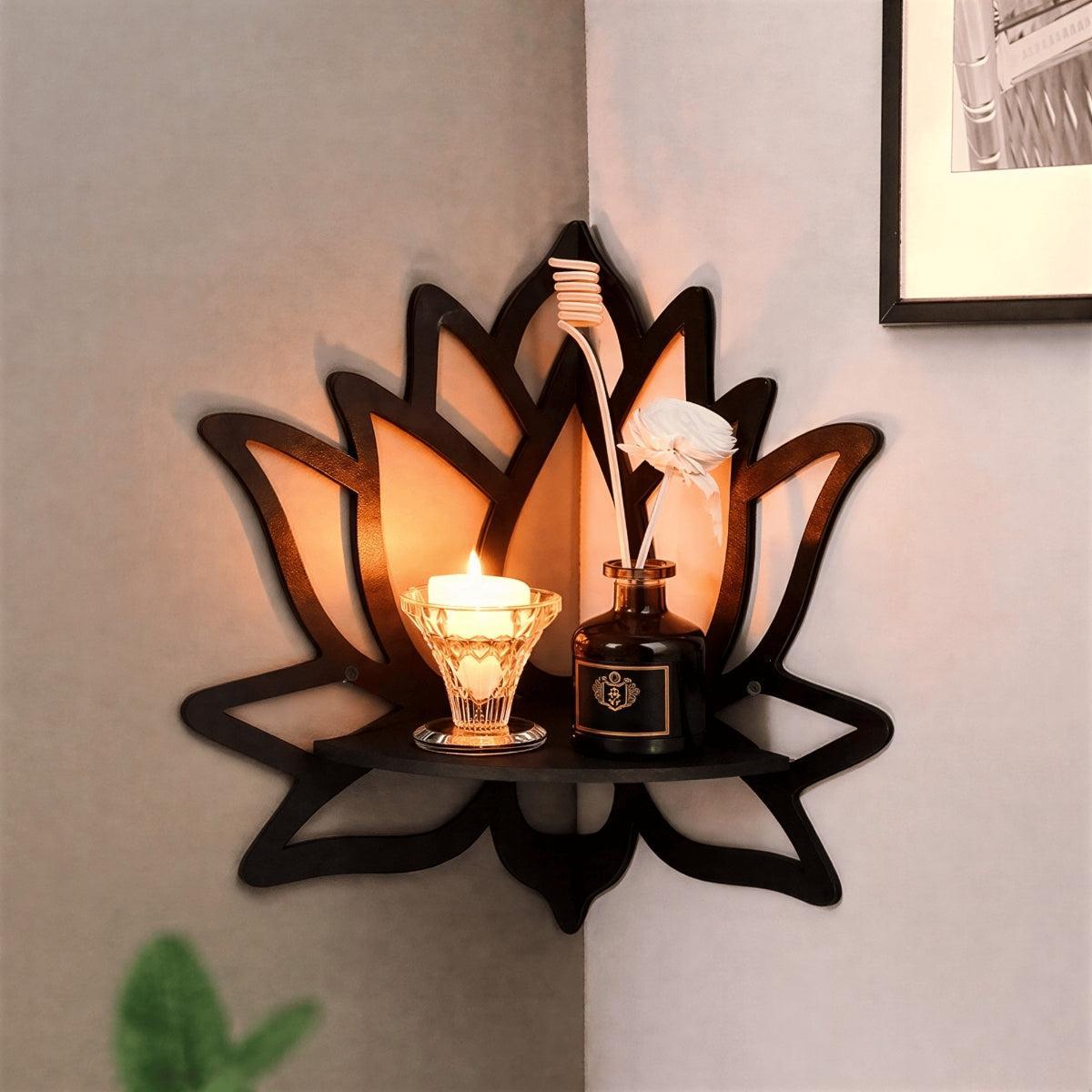 Corner Shelving Unit With Lotus Flower For Decorative Floating Display