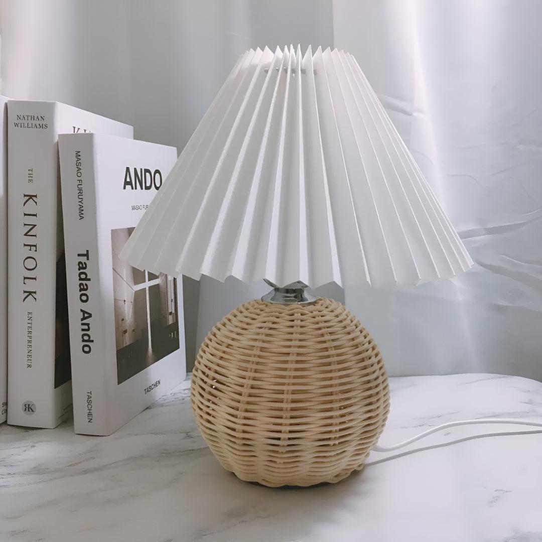 Decorative Rattan Bedside Table Lamp With Pleated Shade