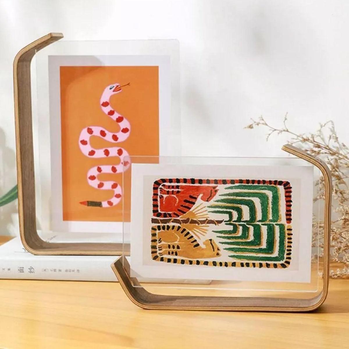 Double Sided Picture Frame For Tabletop Display With Curved Modern Design