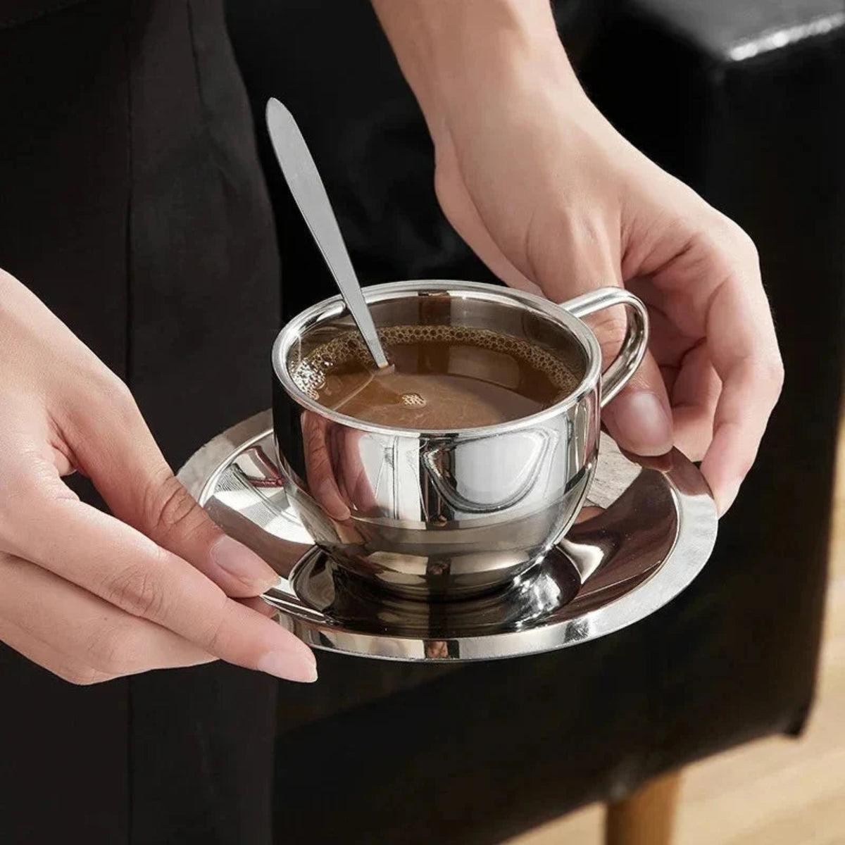 Double Walled Stainless Steel Espresso Cup And Saucer Set With Stirring Spoon