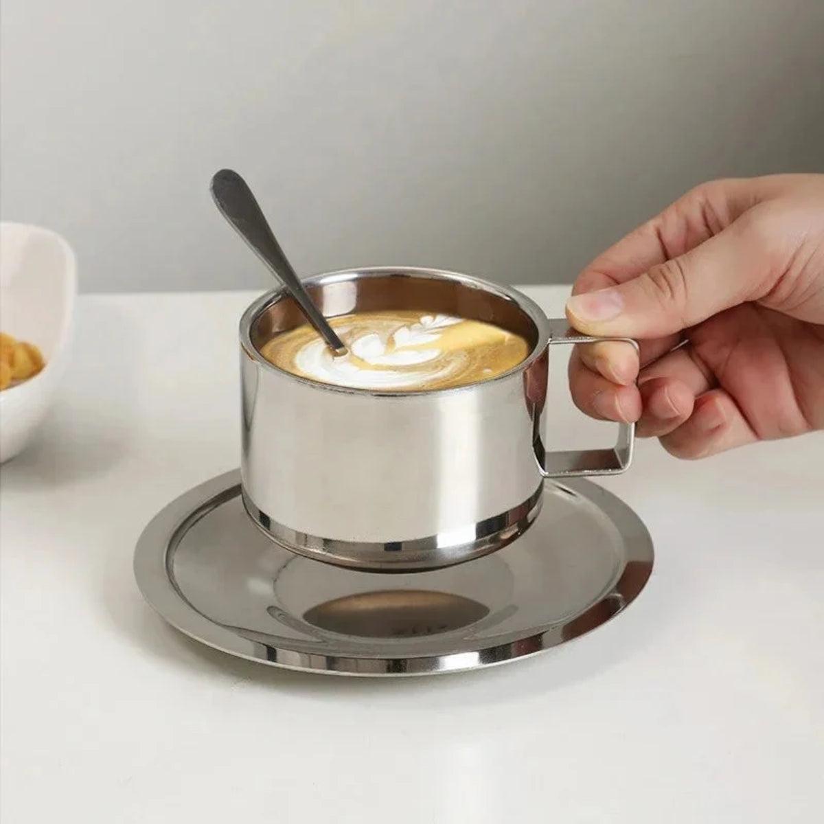Double Walled Stainless Steel Espresso Cup And Saucer Set With Stirring Spoon