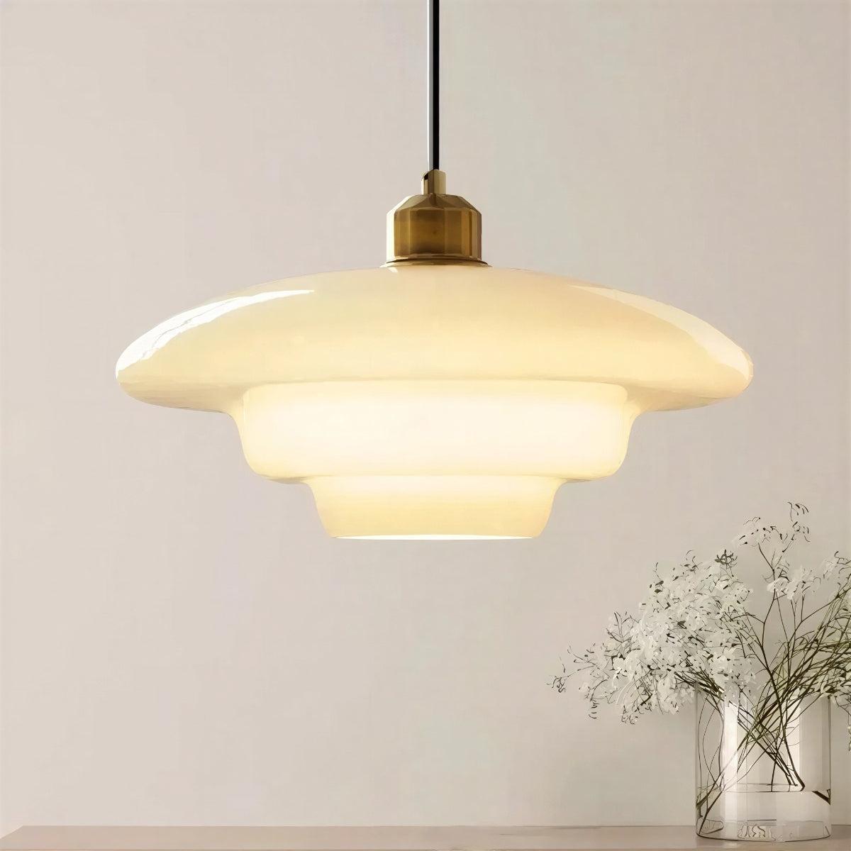 Elegant Beige Pendant Ceiling Light With Mid Century Tiered Shade