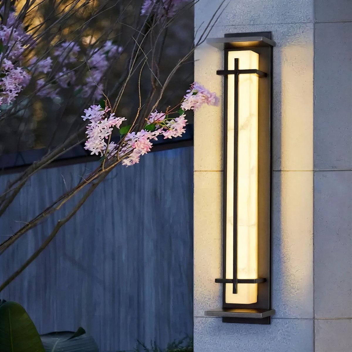 Exterior Alabaster Wall Light With Modern Architectural Vertical Cage Design