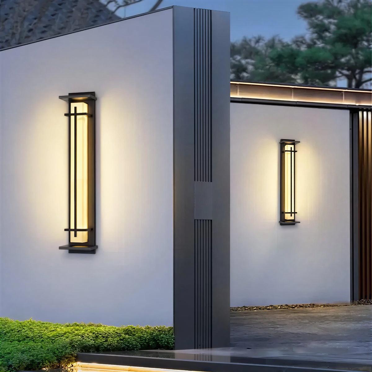 Exterior Alabaster Wall Light With Modern Architectural Vertical Cage Design