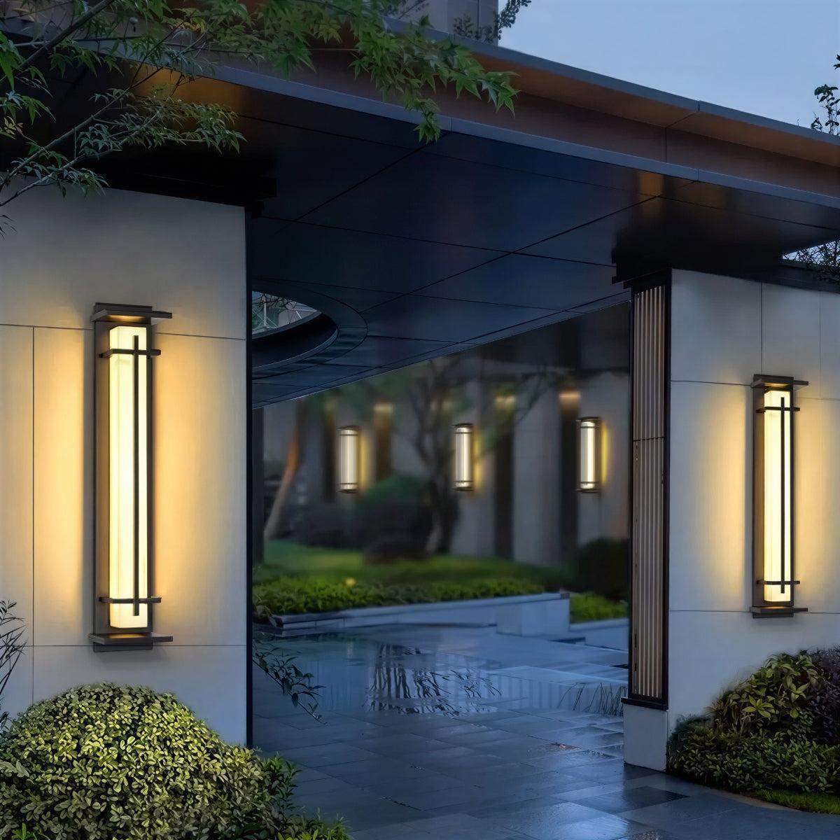 Exterior Alabaster Wall Light With Modern Architectural Vertical Cage Design