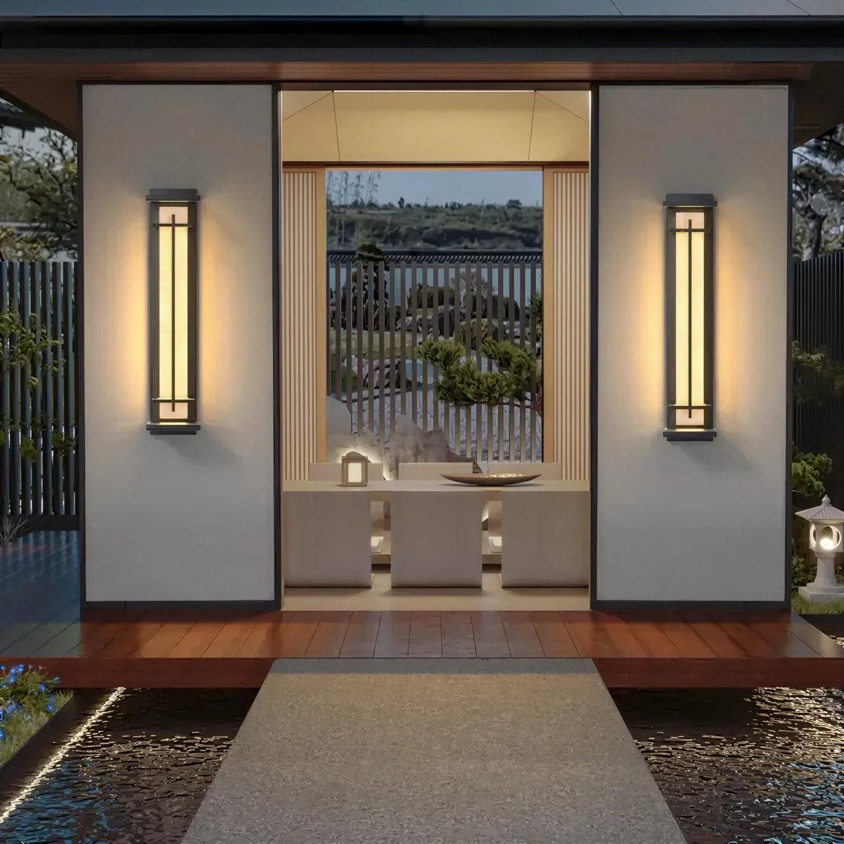 Exterior Alabaster Wall Light With Modern Architectural Vertical Cage Design
