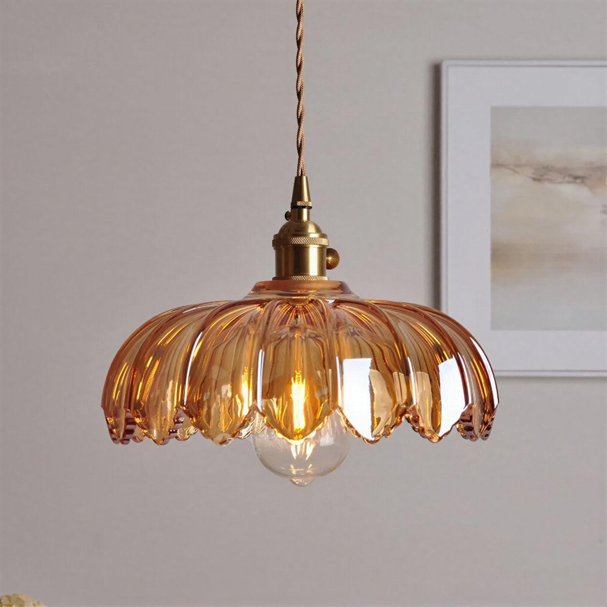 Floral Vintage Glazed Pendant Light With Decorative Scalloped Flower Design