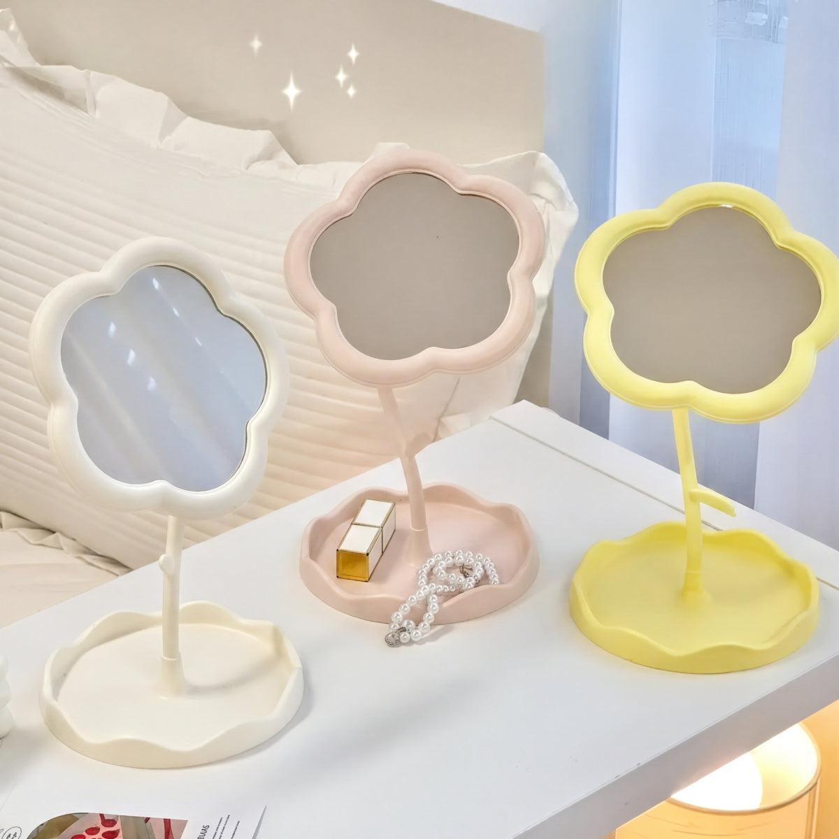 Flower Shaped Dressing Table Makeup Mirror With Integrated Jewellery Storage Tray