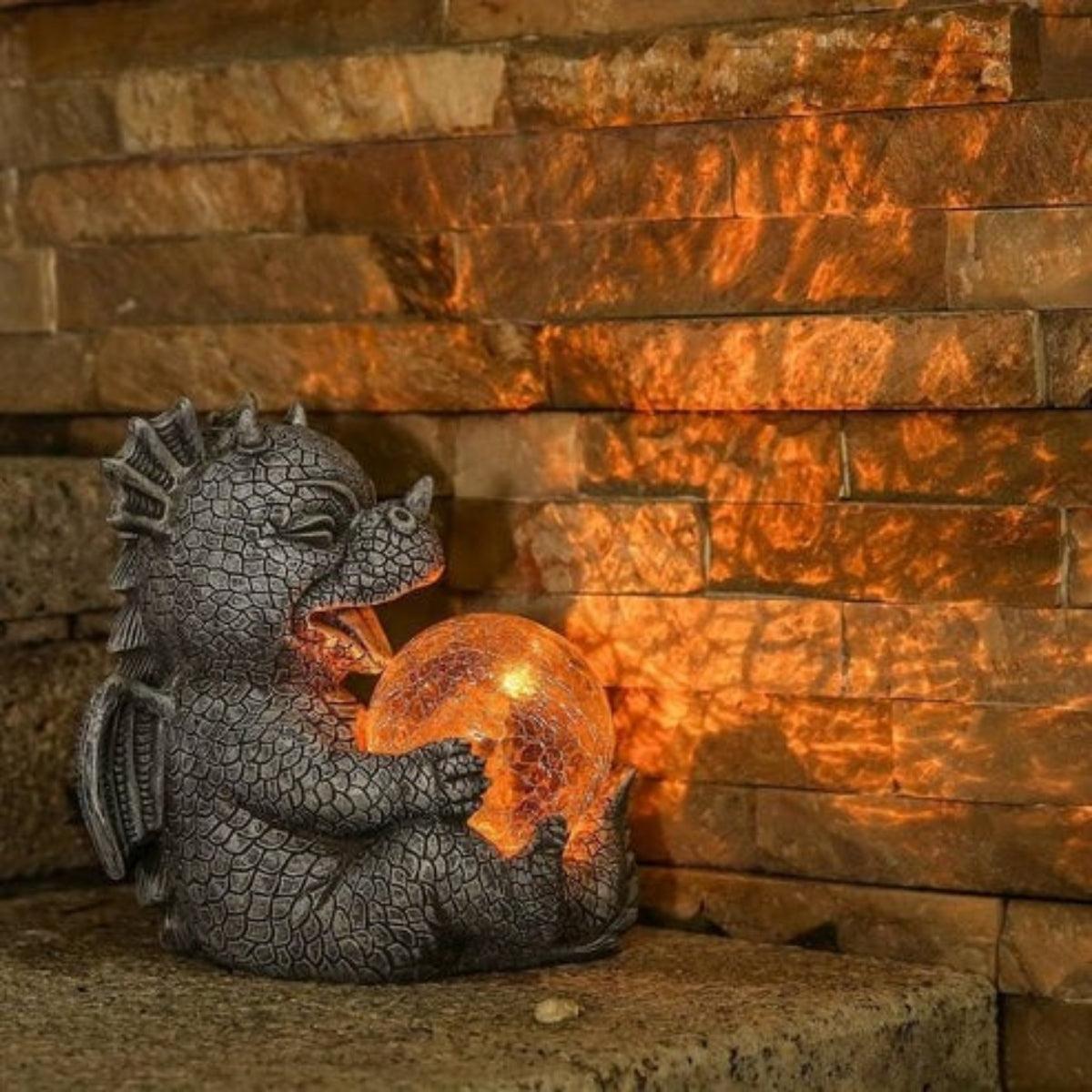 Garden Dragon Statue With Solar Powered Glowing Light Globe