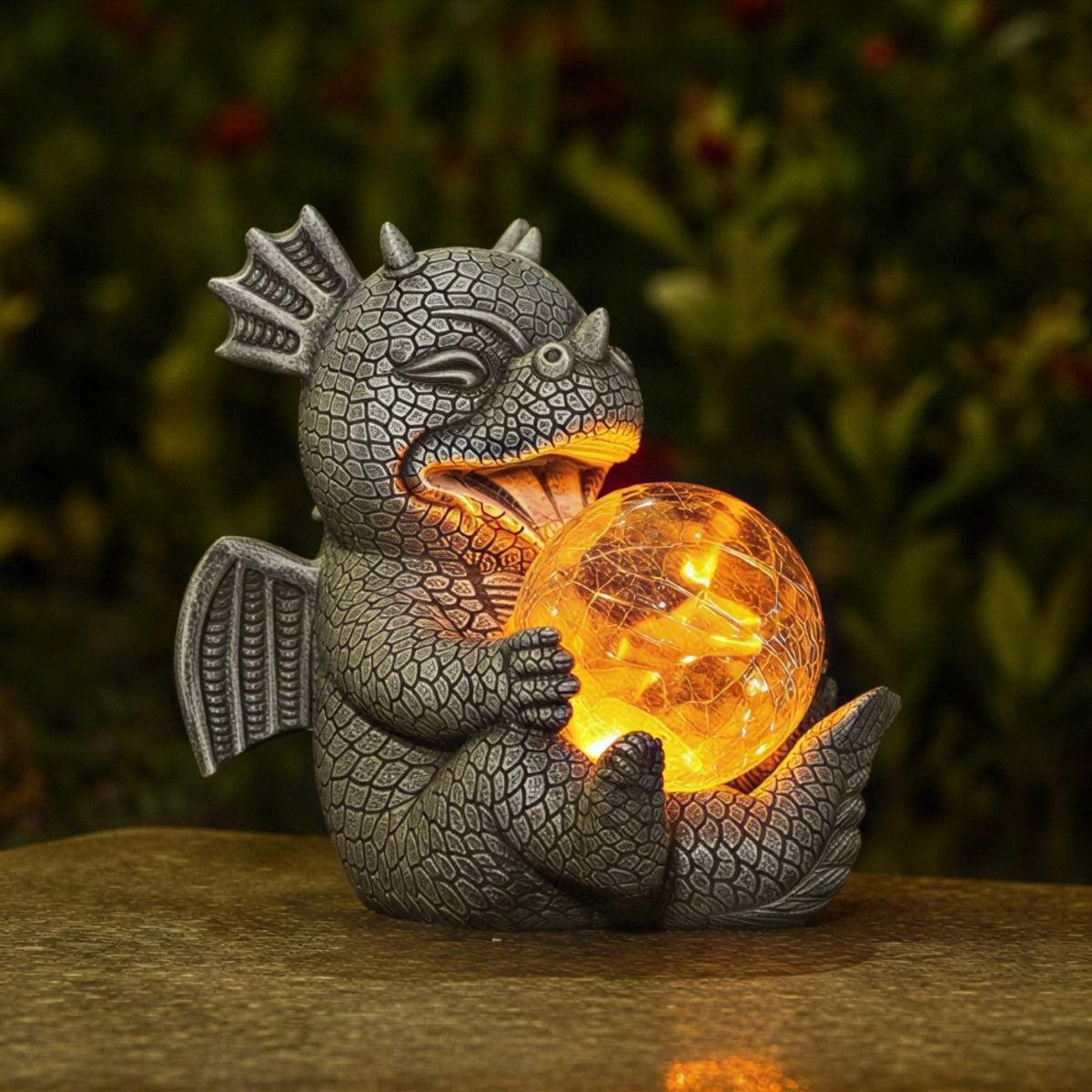 Garden Dragon Statue With Solar Powered Glowing Light Globe