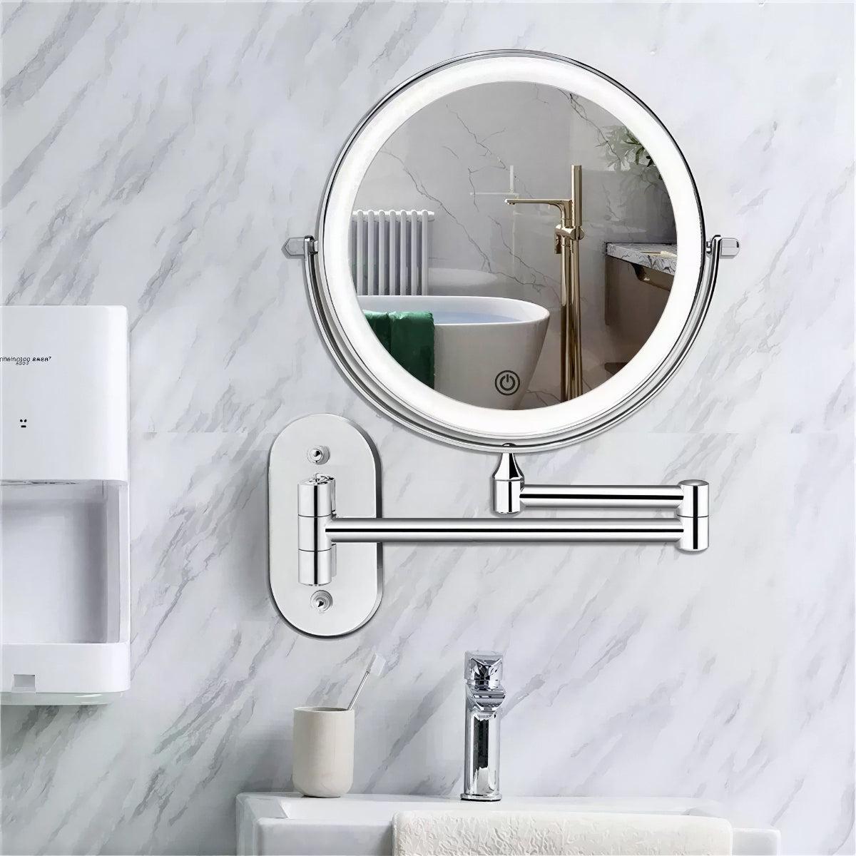 Illuminated Rechargeable Bathroom Mirror With Magnifier And Wall Mounted Arm