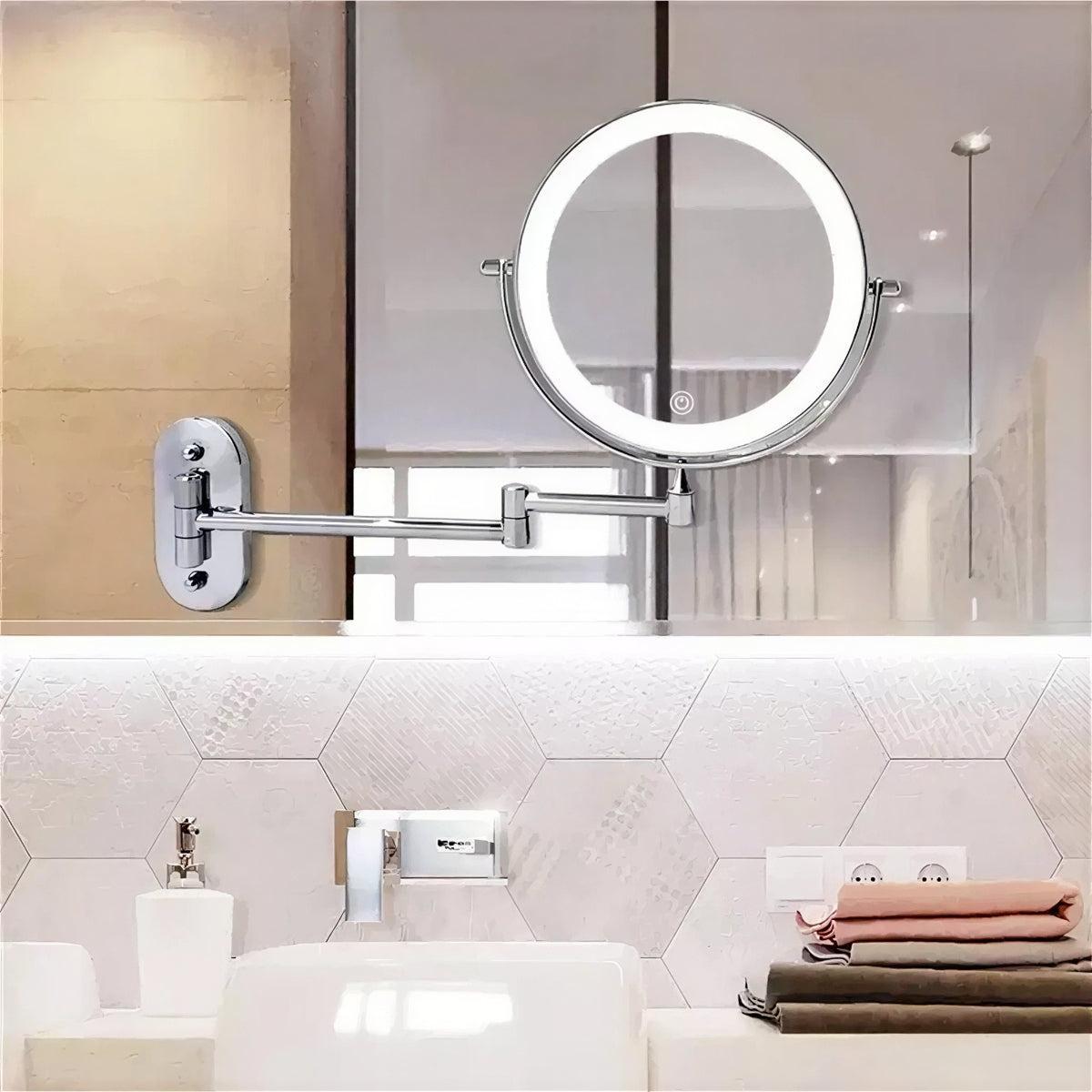 Illuminated Rechargeable Bathroom Mirror With Magnifier And Wall Mounted Arm