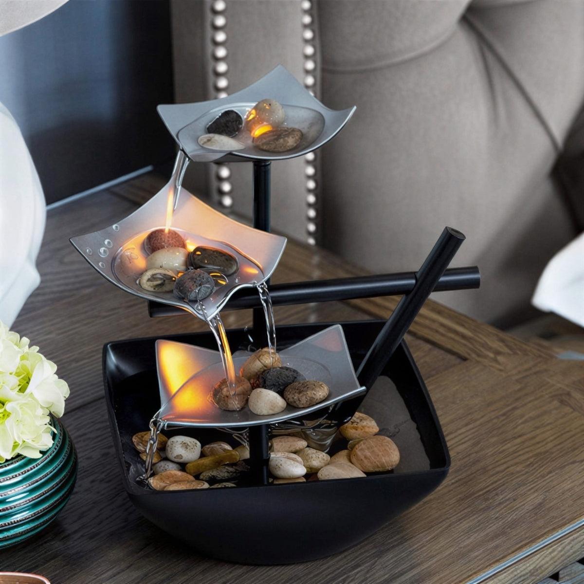 Indoor Multi Tiered Tabletop Waterfall Fountain With LED Lighting And Stones