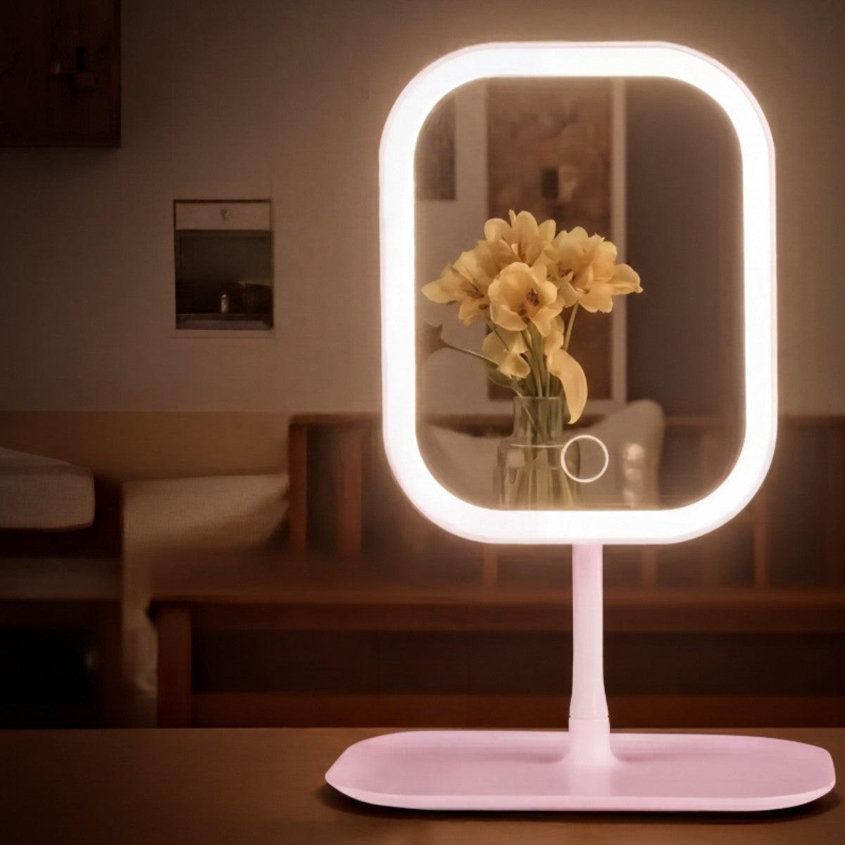 LED Dressing Table Mirror With Light And Rotating Display Station For Makeup