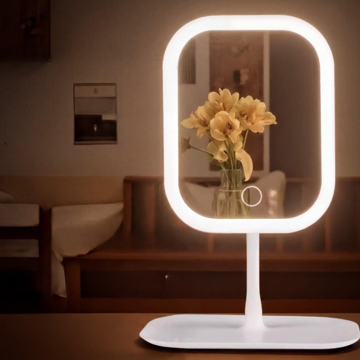 LED Dressing Table Mirror With Light And Rotating Display Station For Makeup