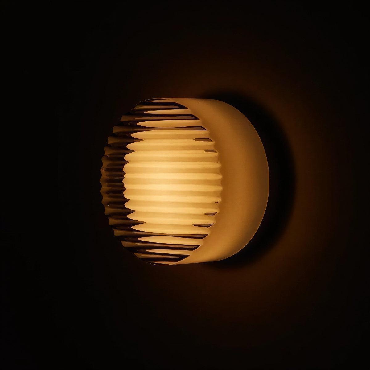 Modern Circular Wall Light With Ribbed Grated Glass And Ambient Glow