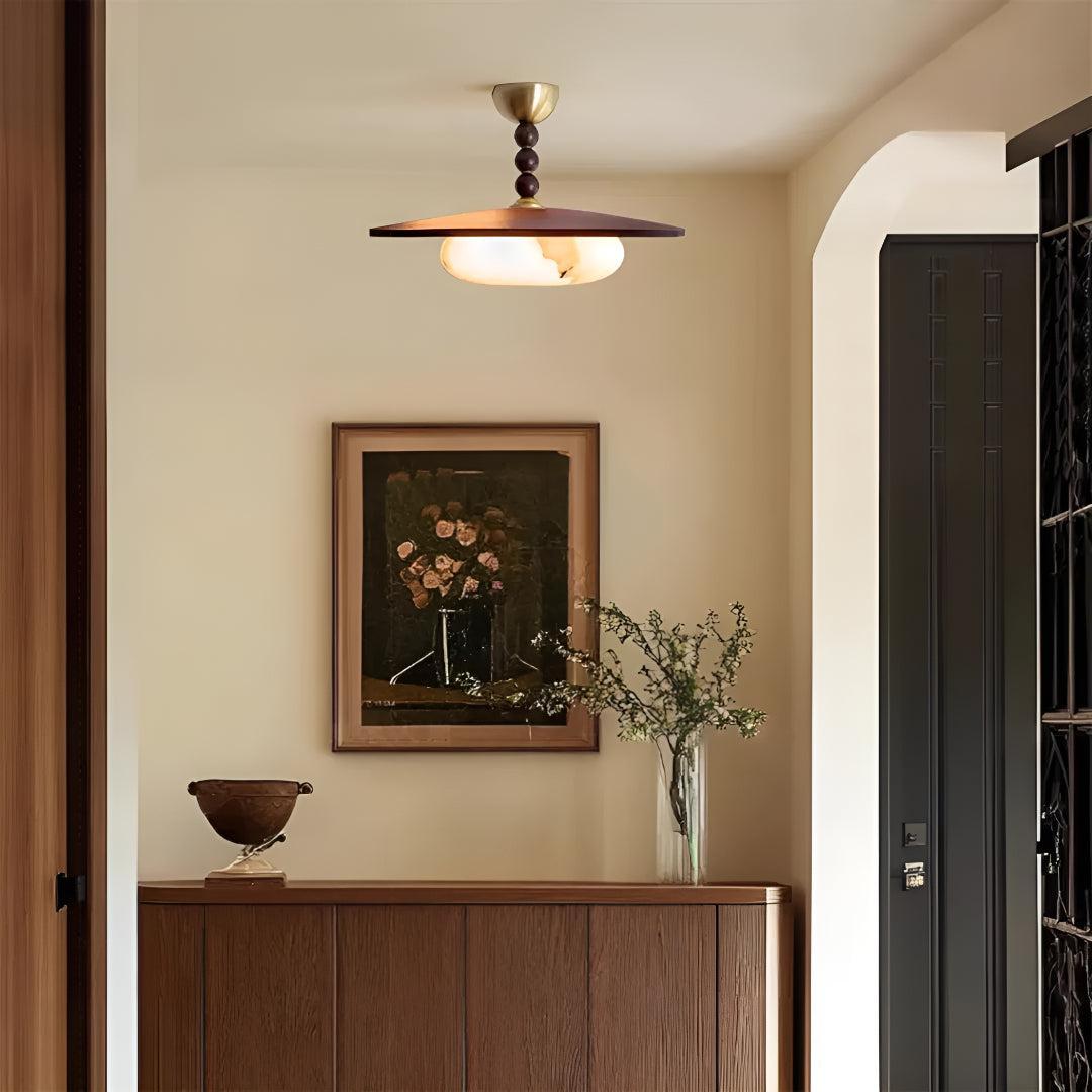 Semi Flush Ceiling Light With Wooden Shade And Alabaster Diffuser