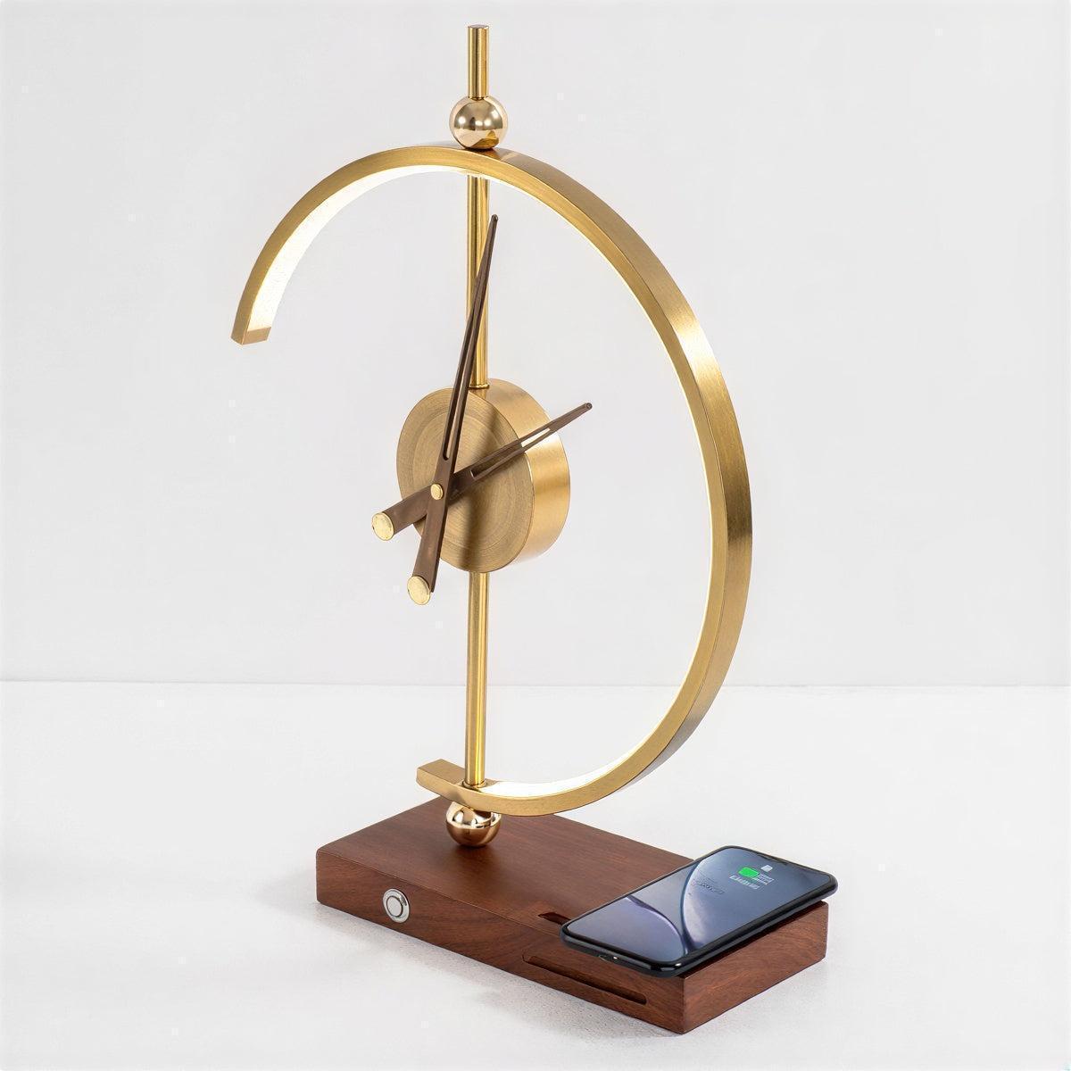 Silent Clock Table Lamp With Touch Control And Integrated Wireless Charging Station