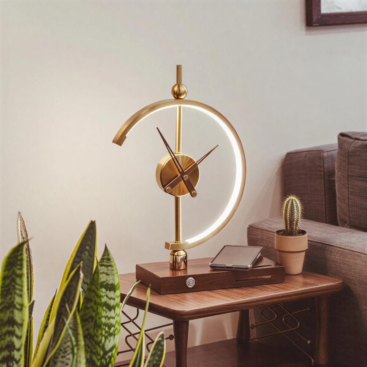 Silent Clock Table Lamp With Touch Control And Integrated Wireless Charging Station