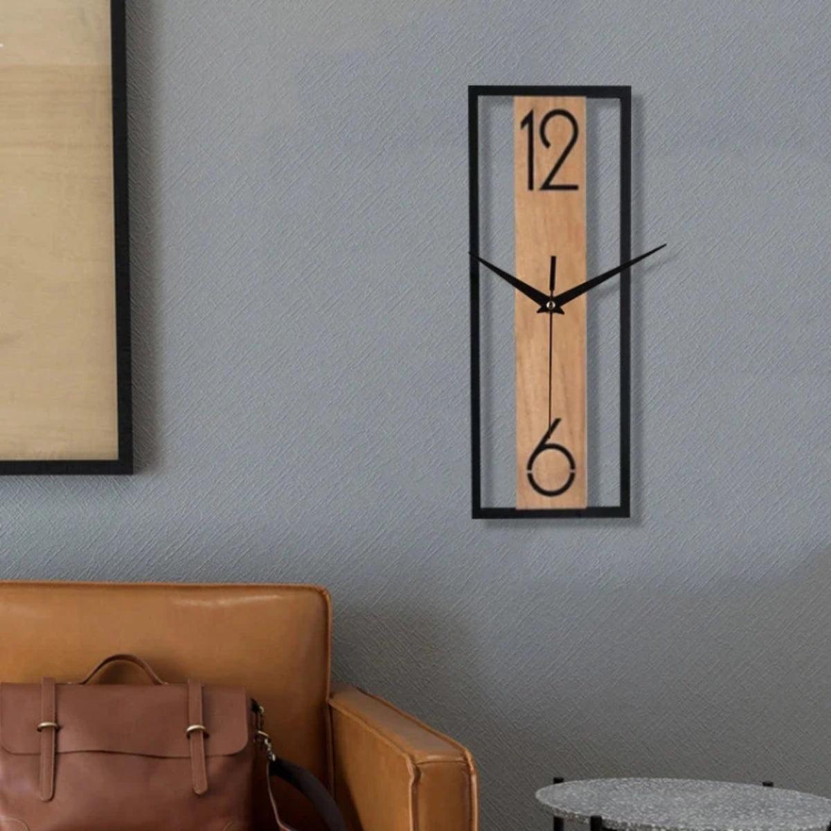 Silent Wall Clock With Slim Rectangular Wood And Metal Design
