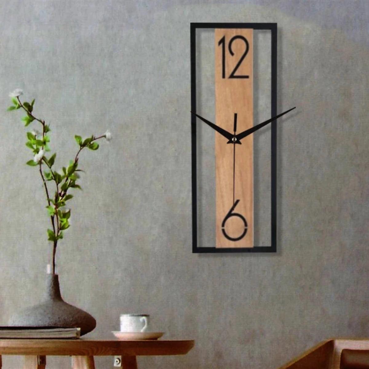 Silent Wall Clock With Slim Rectangular Wood And Metal Design