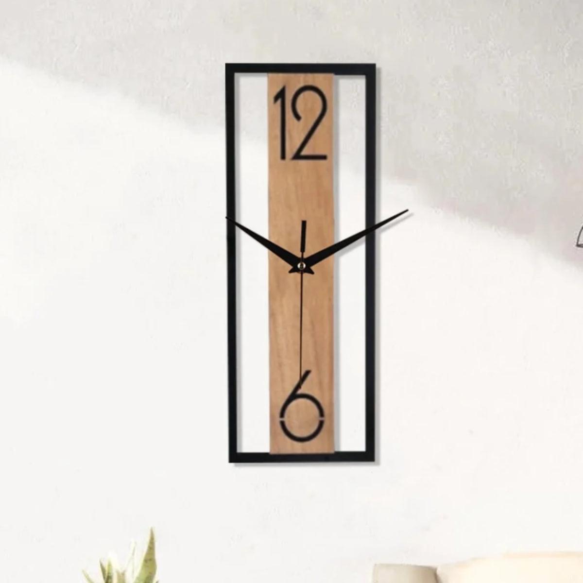 Silent Wall Clock With Slim Rectangular Wood And Metal Design
