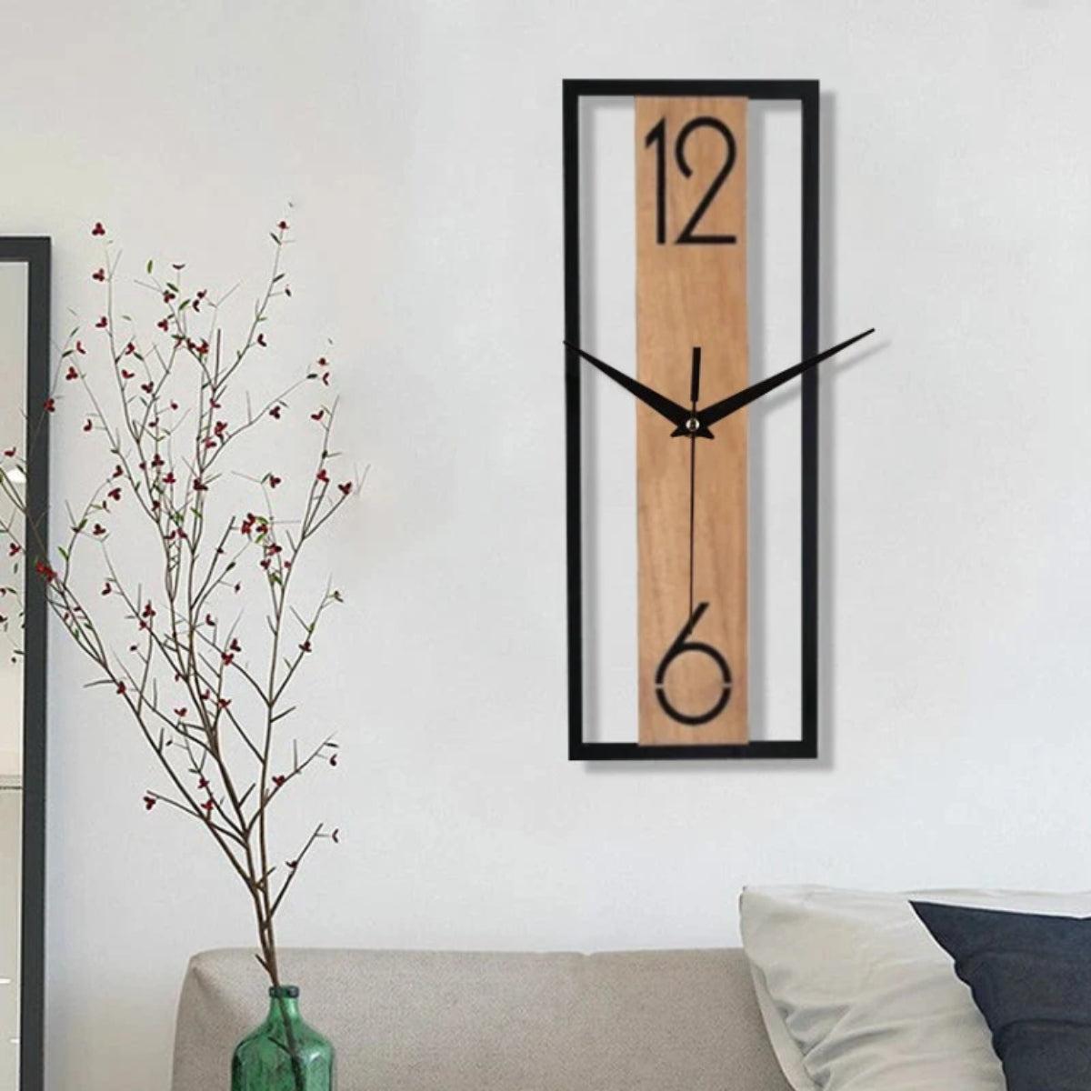 Silent Wall Clock With Slim Rectangular Wood And Metal Design