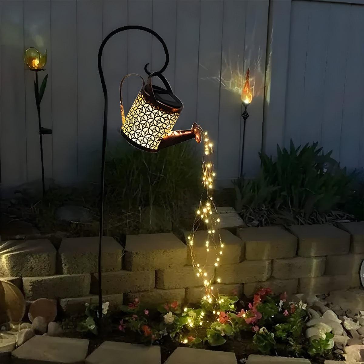 Solar Powered Garden Light With Cascading Watering Can Lantern Feature