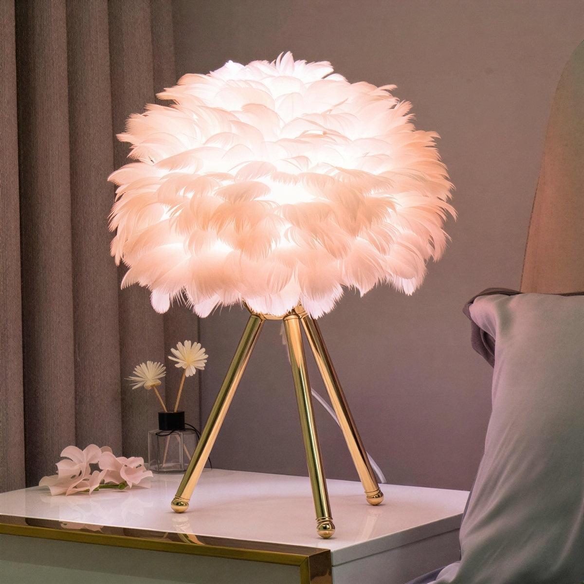 Table Lamp With Feathered Shade And Dimmable Glow