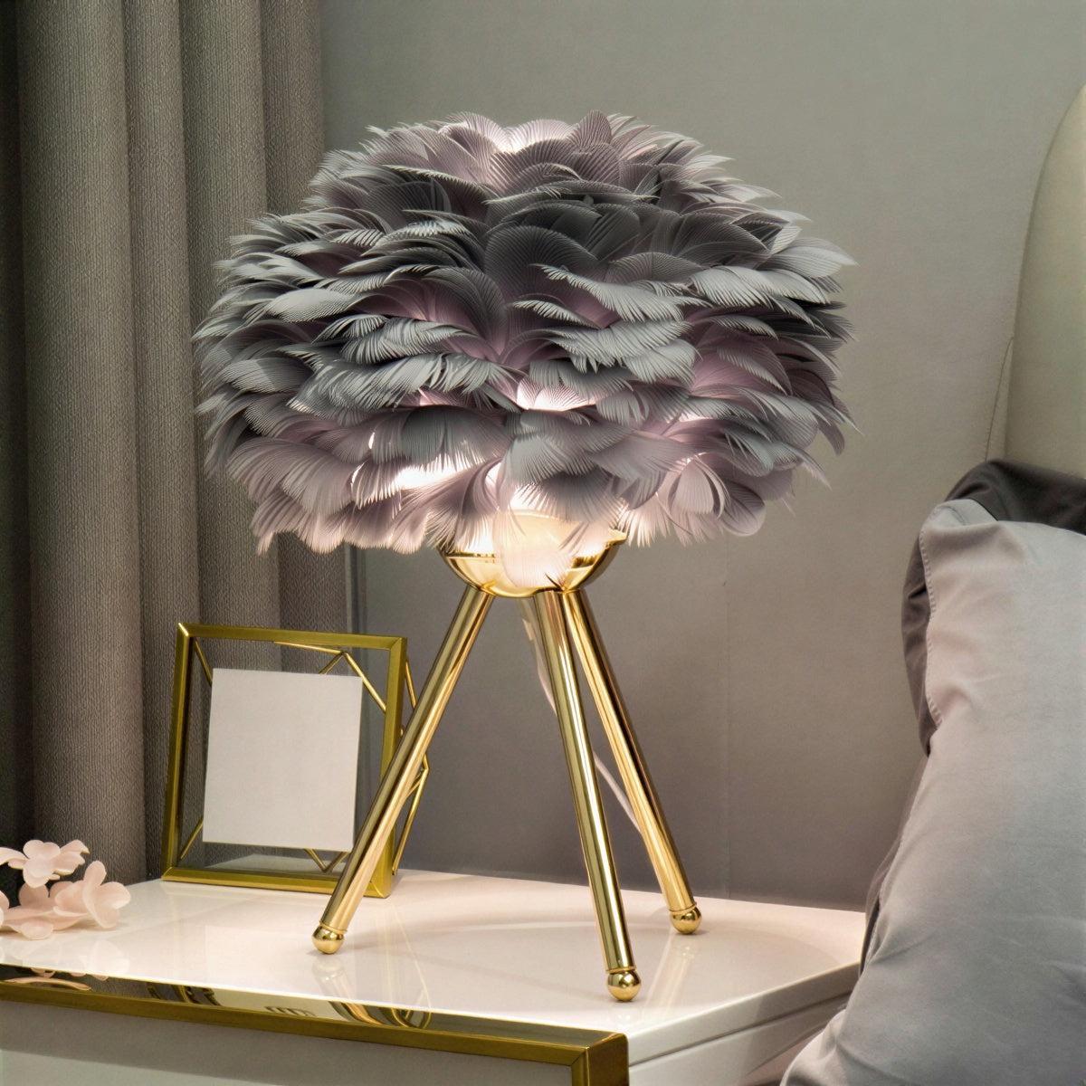 Table Lamp With Feathered Shade And Dimmable Glow