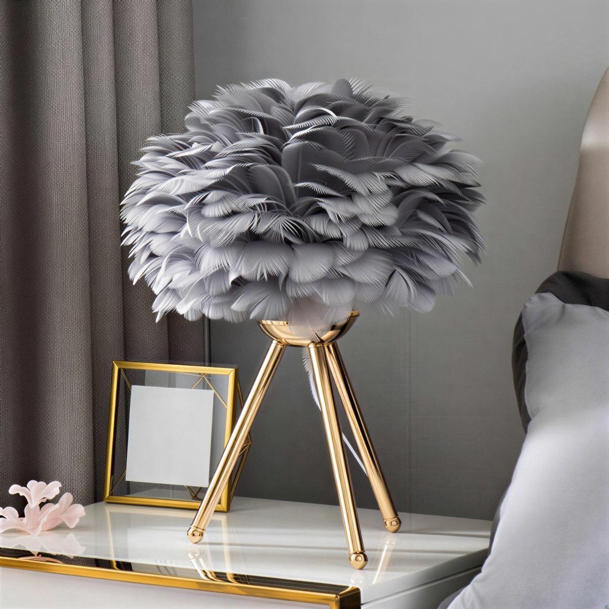 Table Lamp With Feathered Shade And Dimmable Glow