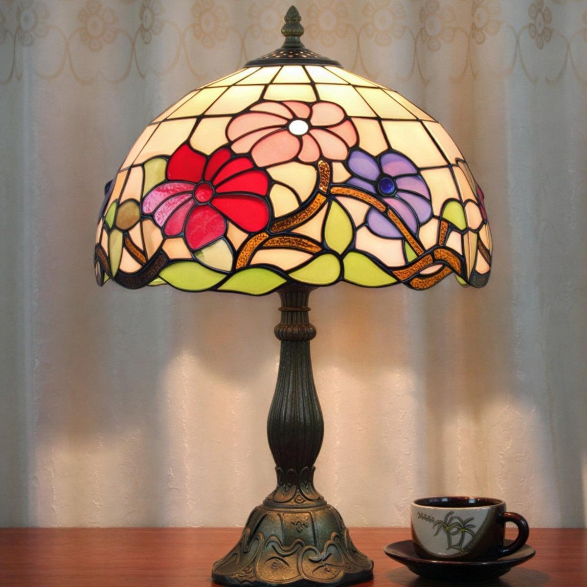 Vintage Antique Table Lamp With Floral Patterned Stained Glass Art