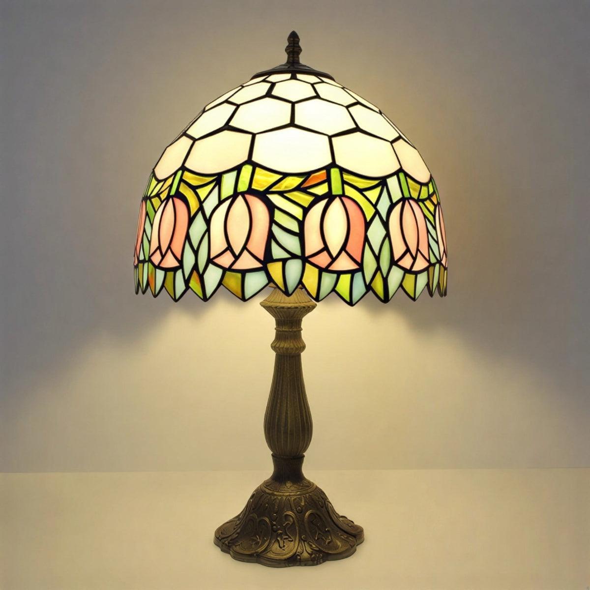 Vintage Antique Table Lamp With Floral Patterned Stained Glass Art