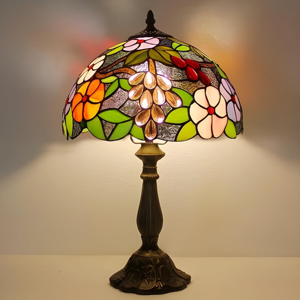 Vintage Antique Table Lamp With Floral Patterned Stained Glass Art