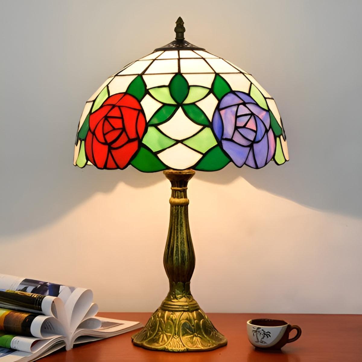 Vintage Antique Table Lamp With Floral Patterned Stained Glass Art