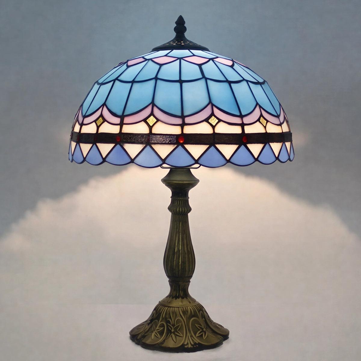 Vintage Antique Table Lamp With Floral Patterned Stained Glass Art