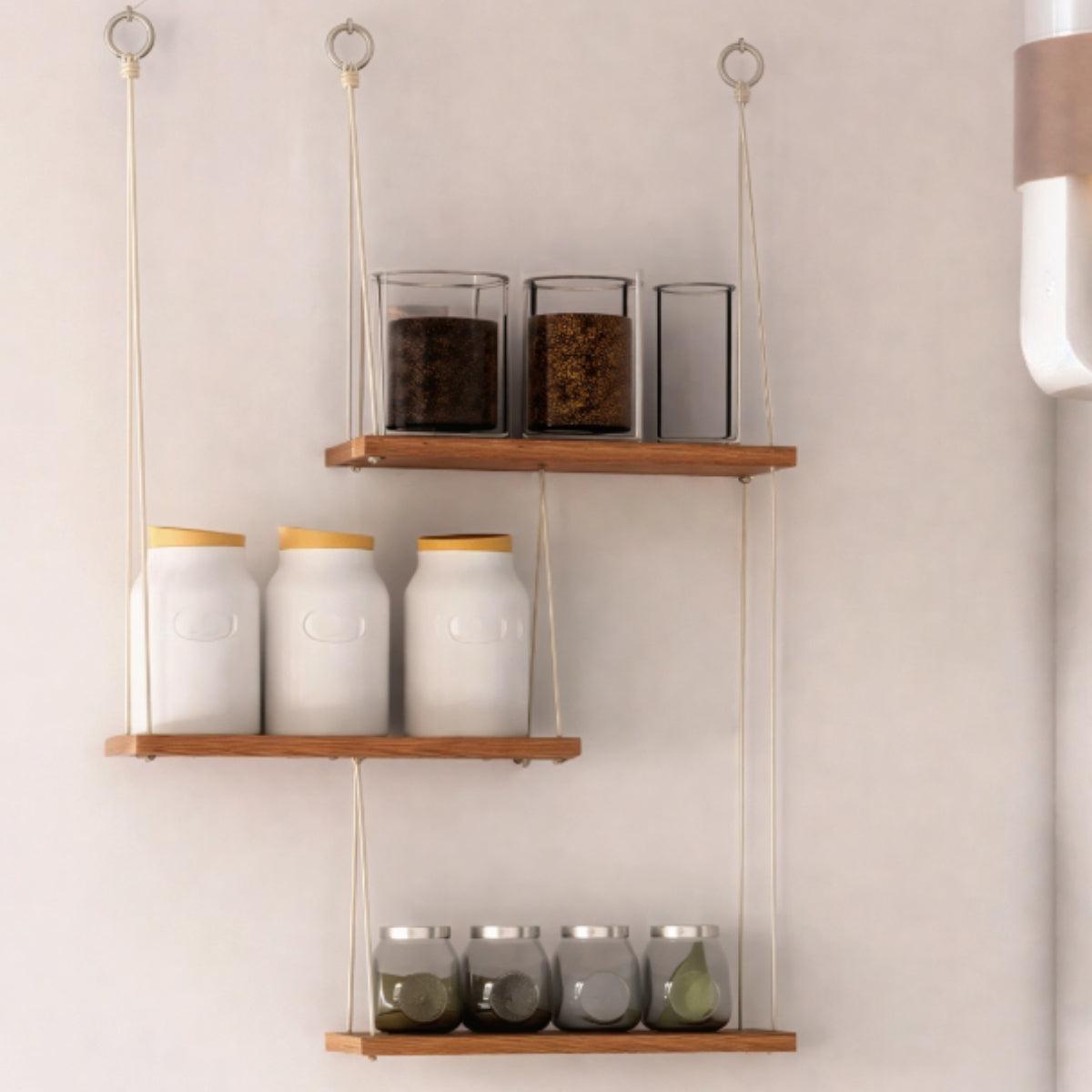 Wall Mounted Floating Hanging Shelves With Wooden Design