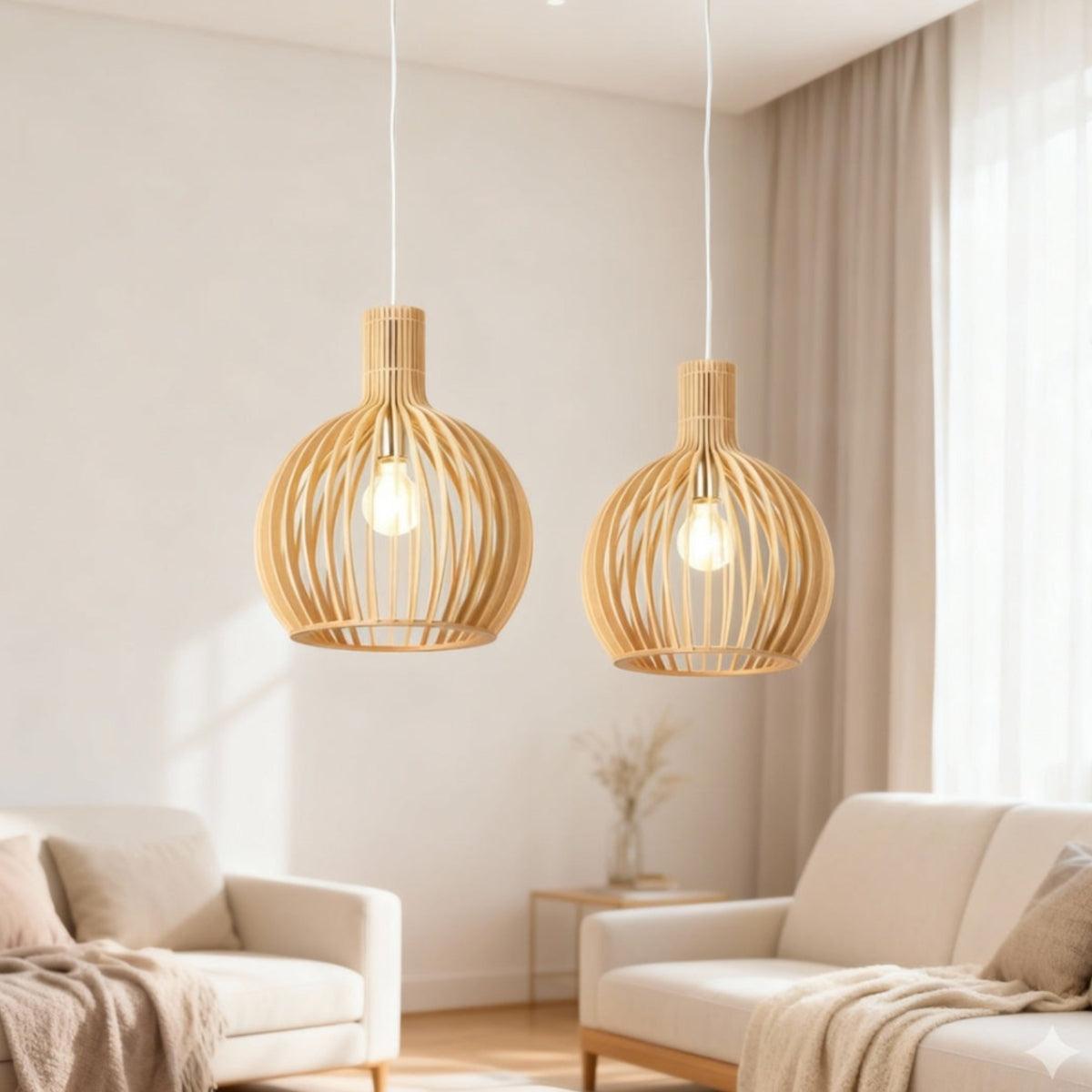 Wooden Hanging Pendant Light With Geometric Open Cage