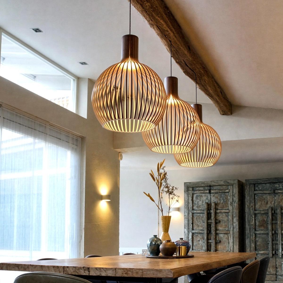 Wooden Hanging Pendant Light With Geometric Open Cage