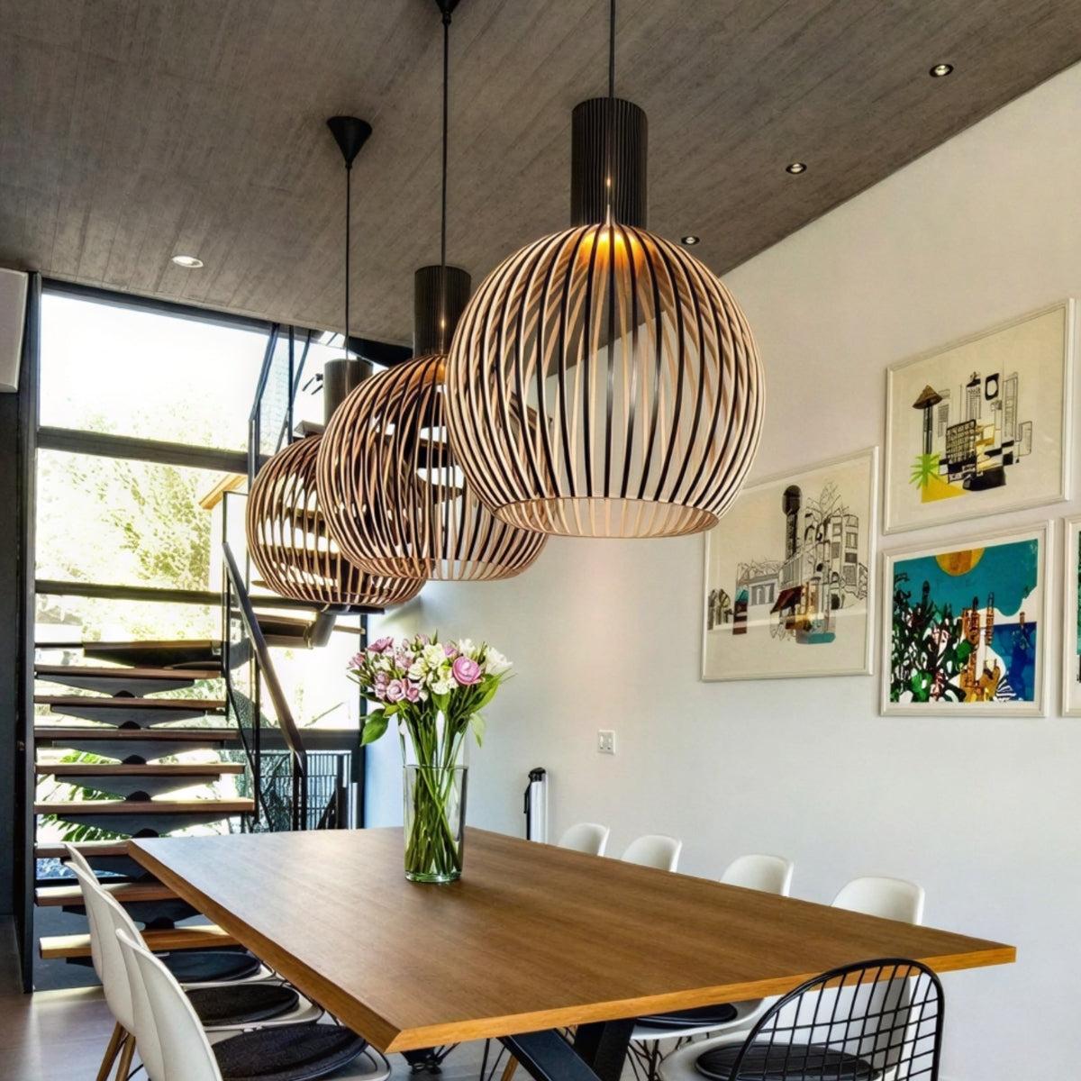 Wooden Hanging Pendant Light With Geometric Open Cage