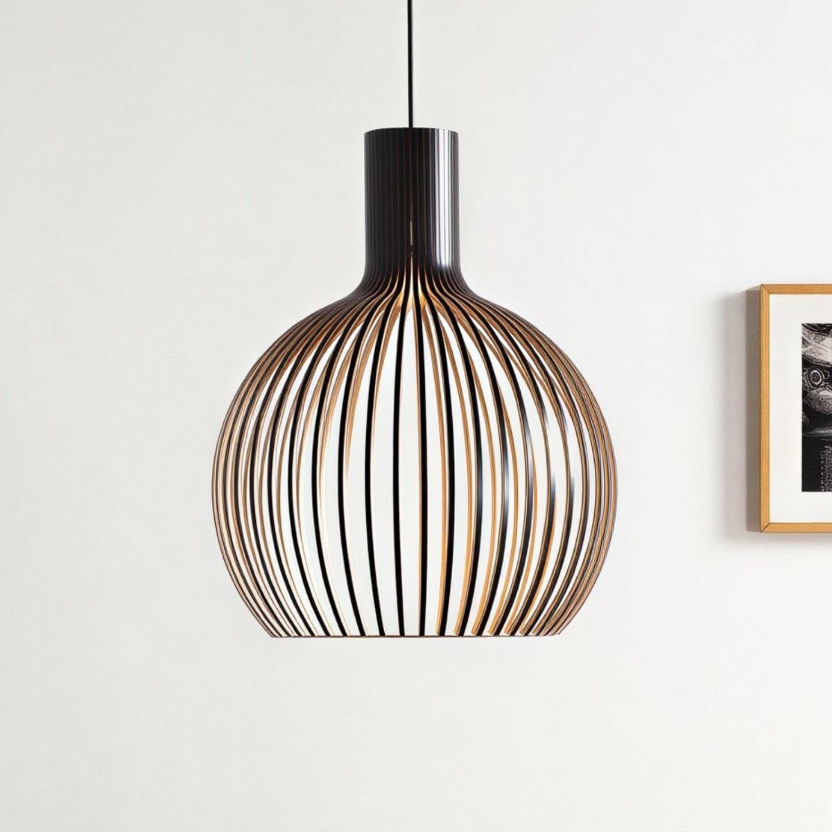 Wooden Hanging Pendant Light With Geometric Open Cage