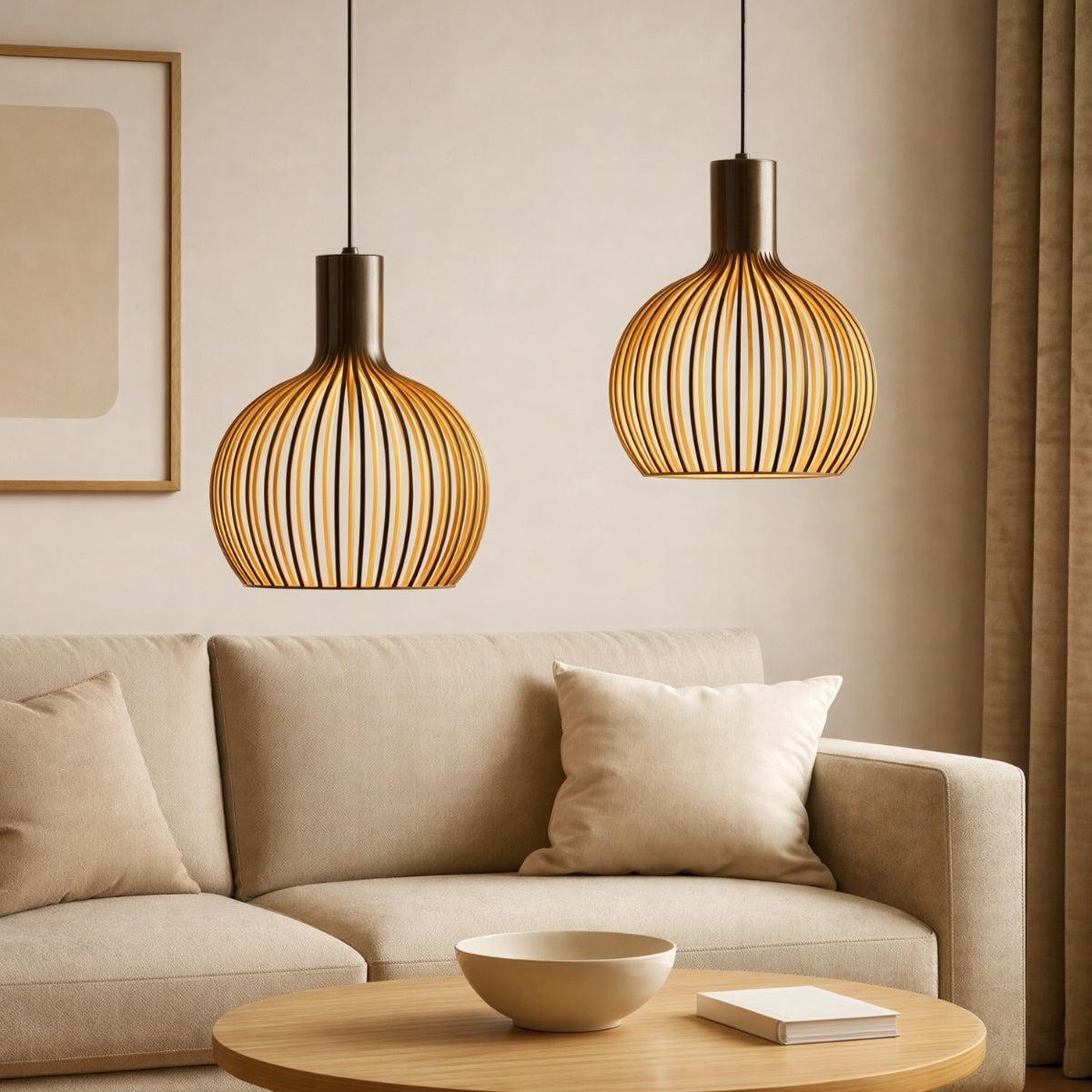 Wooden Hanging Pendant Light With Geometric Open Cage