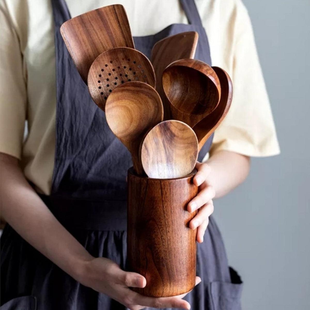 Wooden Kitchen Utensil Set With Serving Spoons And Holder