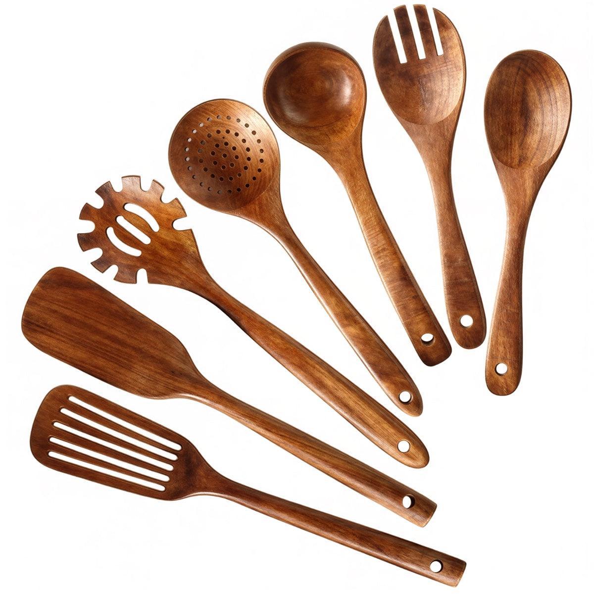 Wooden Kitchen Utensil Set With Serving Spoons And Holder