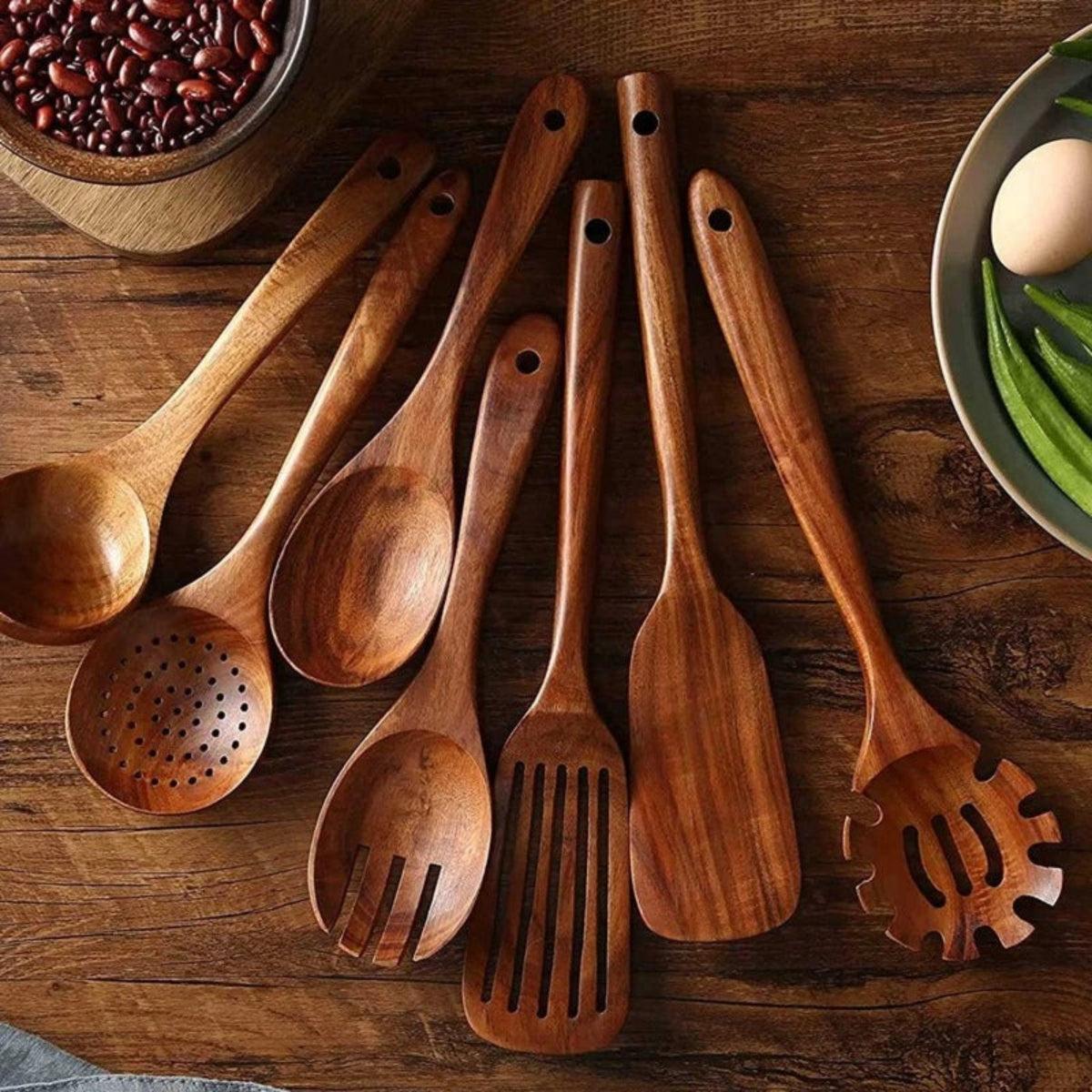 Wooden Kitchen Utensil Set With Serving Spoons And Holder